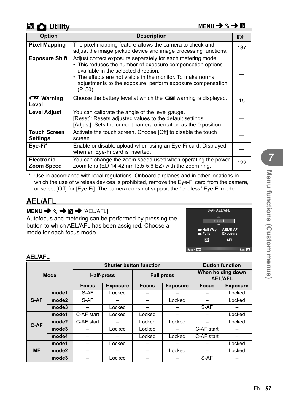K k utility, Menu functions (custom menus), Ael/afl | 97 en | Olympus E-M10 User Manual | Page 97 / 161
