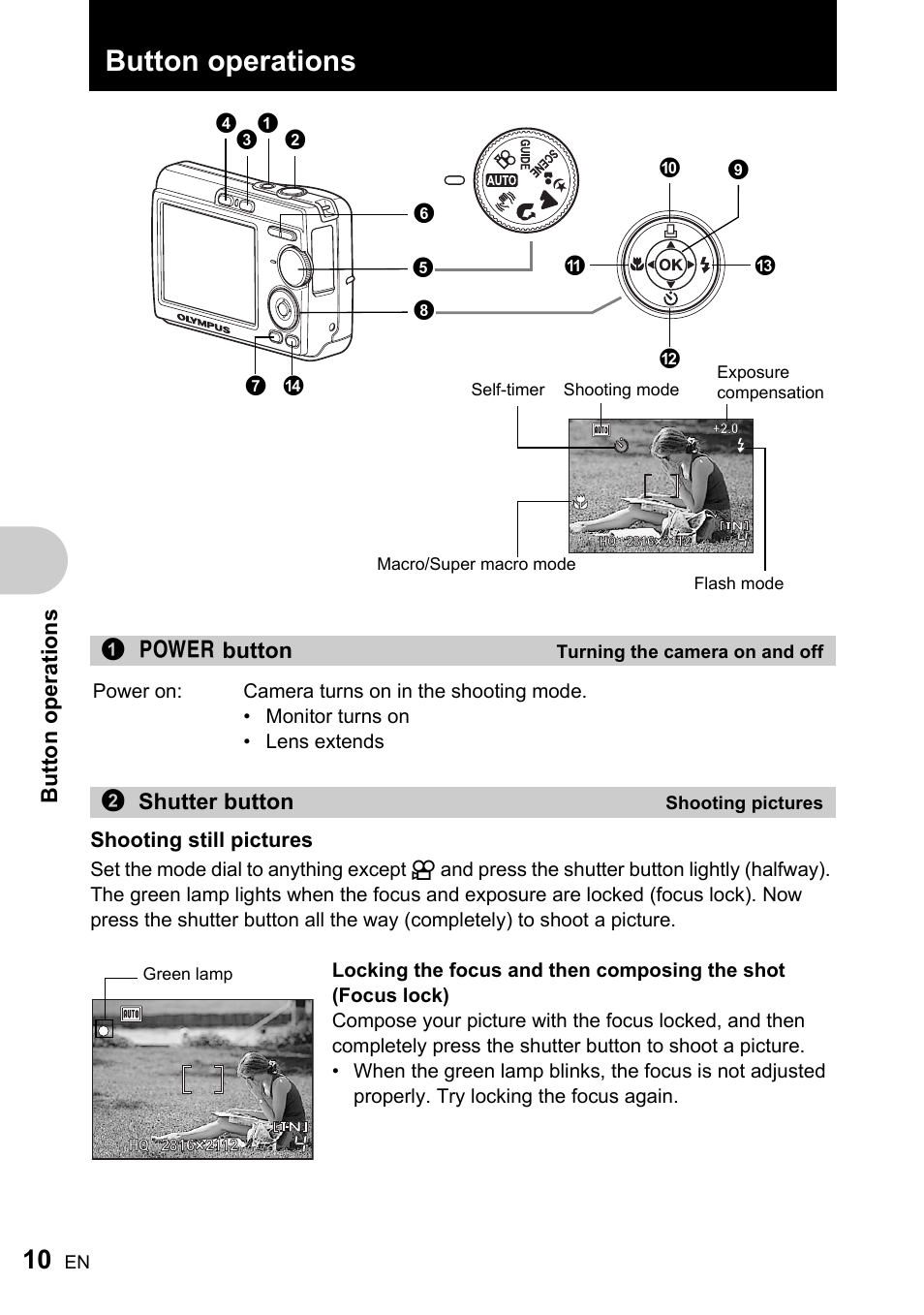Button operations, Turning the camera on and off, Shooting pictures | P.10, Bu tto n op eratio ns, 1o button, 2shutter button | Olympus FE-170 User Manual | Page 10 / 76