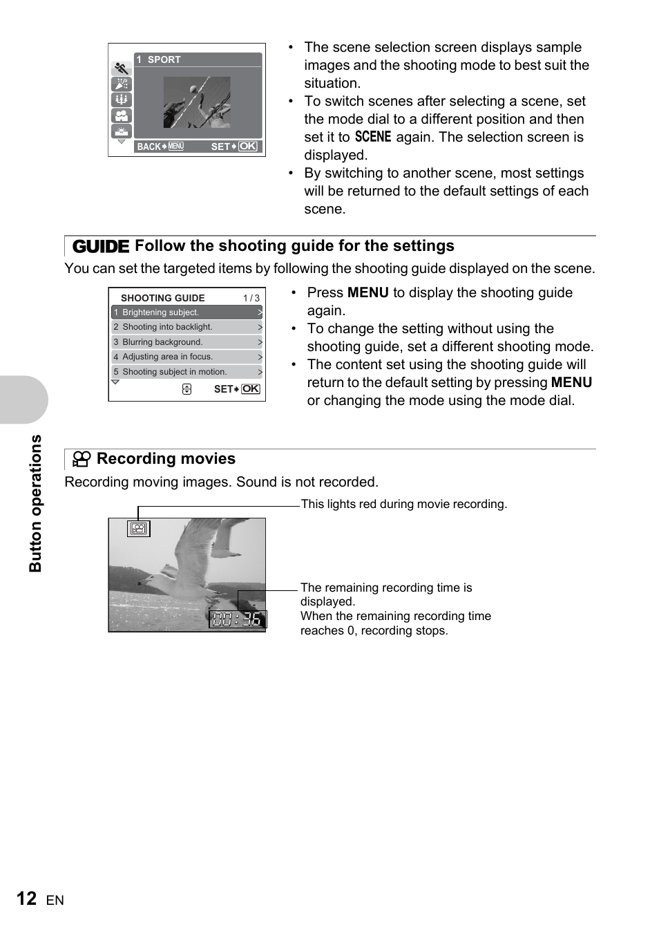 Follow the shooting guide for the settings, Recording movies, Bu tto n op eratio ns | Olympus FE-170 User Manual | Page 12 / 76