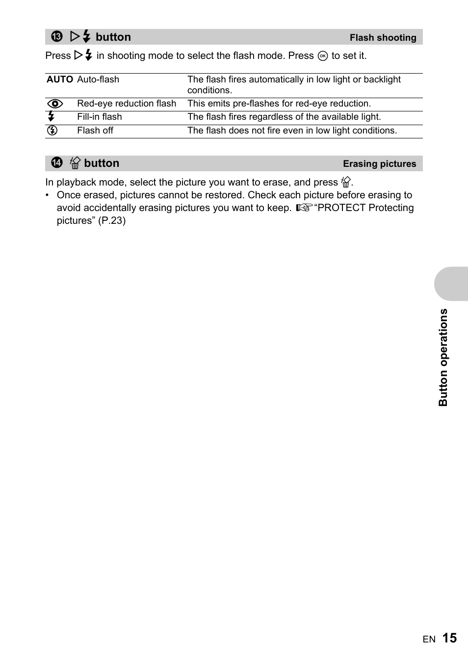 Flash shooting, Erasing pictures | Olympus FE-170 User Manual | Page 15 / 76