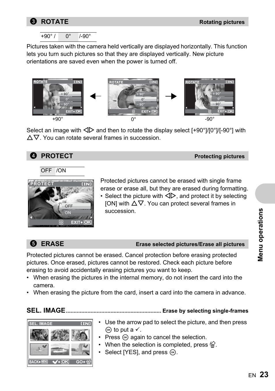Rotating pictures, Protecting pictures, Erase selected pictures/erase all pictures | Erase by selecting single-frames, Me nu operati o ns, 3rotate, 4protect, 5erase, Sel. image | Olympus FE-170 User Manual | Page 23 / 76