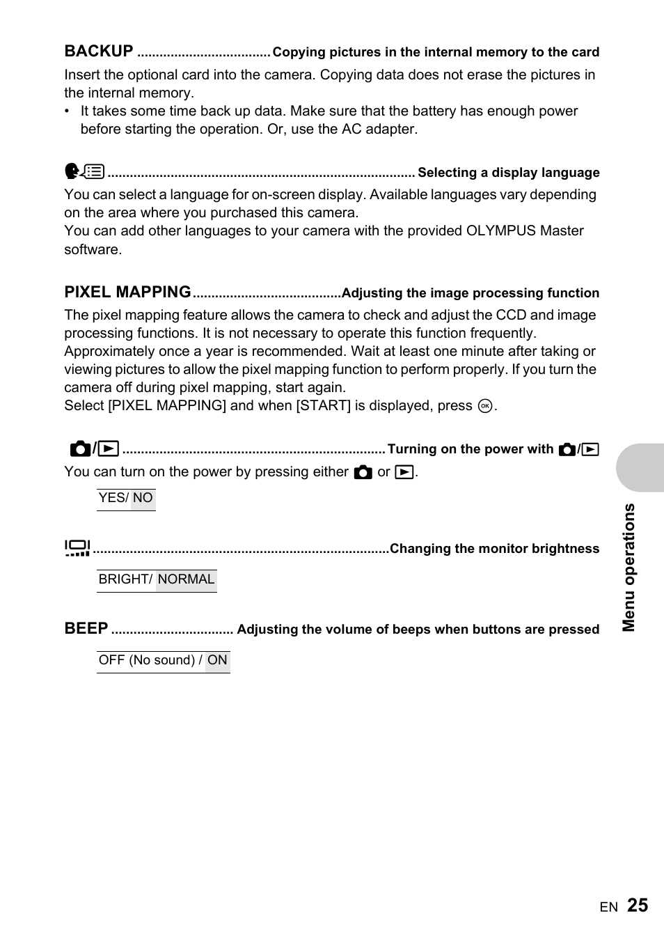Selecting a display language, Adjusting the image processing function, Changing the monitor brightness | G“k/q turning on the power with k/q” (p.25), Q turning on the power with k/q” (p.25) | Olympus FE-170 User Manual | Page 25 / 76