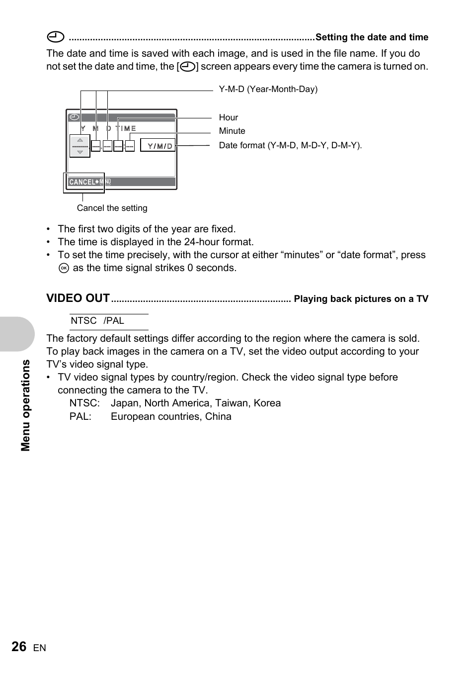 Setting the date and time, Playing back pictures on a tv, Me nu operati o ns | Video out | Olympus FE-170 User Manual | Page 26 / 76