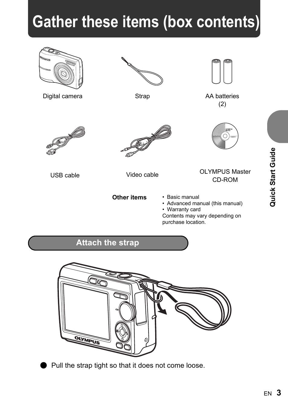 Gather these items (box contents), Attach the strap | Olympus FE-170 User Manual | Page 3 / 76
