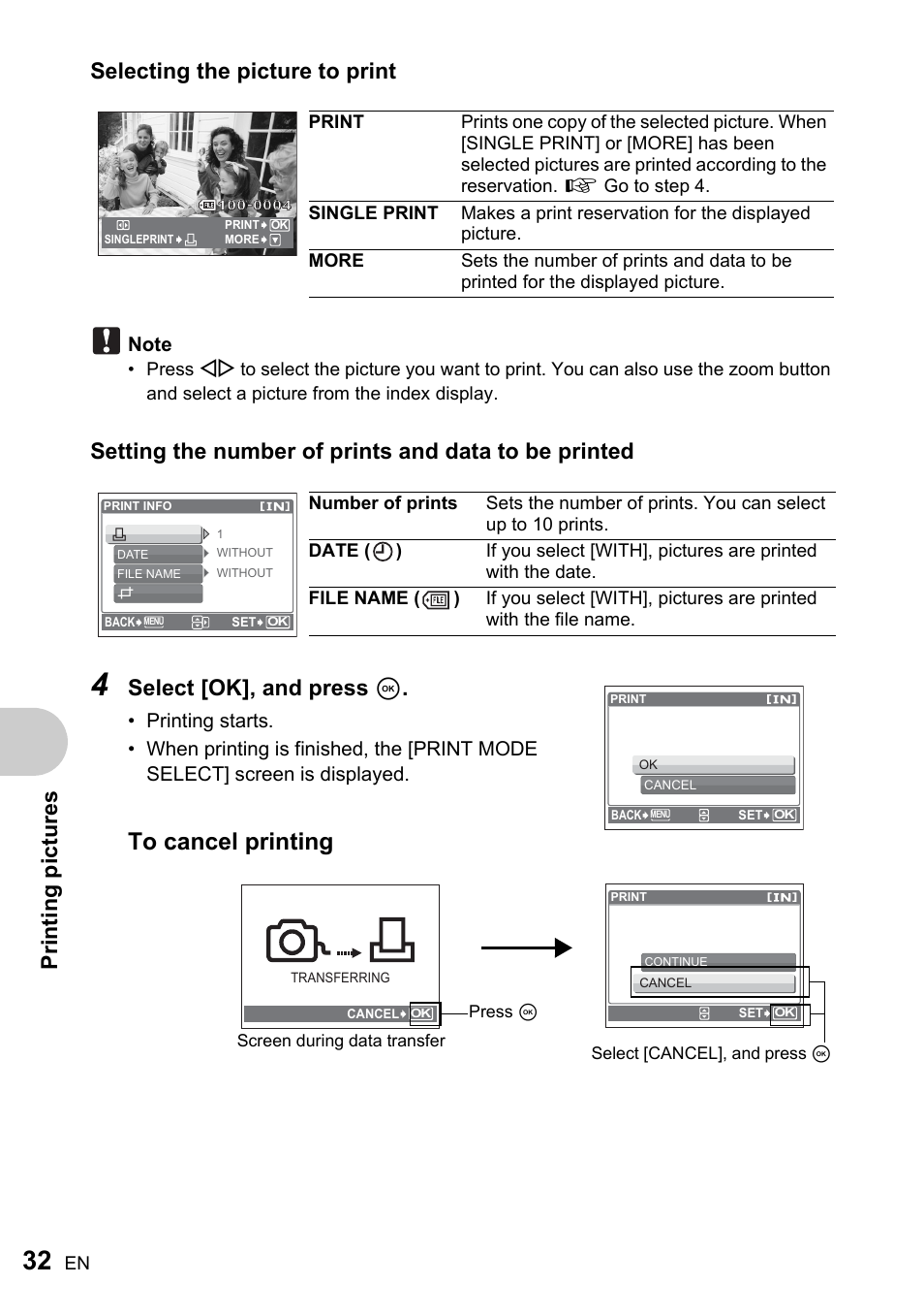 Prin ti ng p ictur es, Select [ok], and press i | Olympus FE-170 User Manual | Page 32 / 76