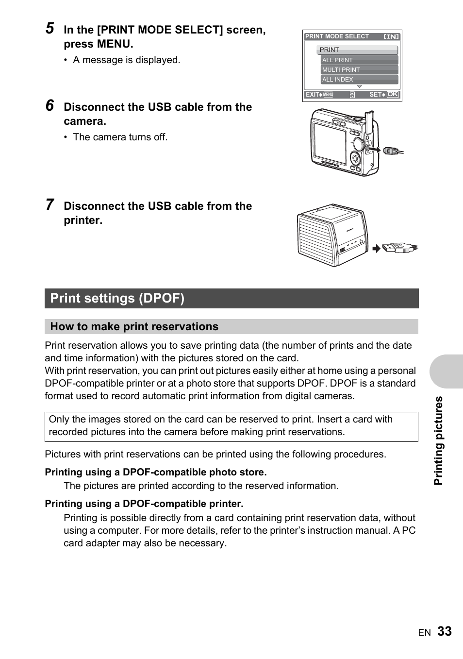 Print settings (dpof), How to make print reservations | Olympus FE-170 User Manual | Page 33 / 76