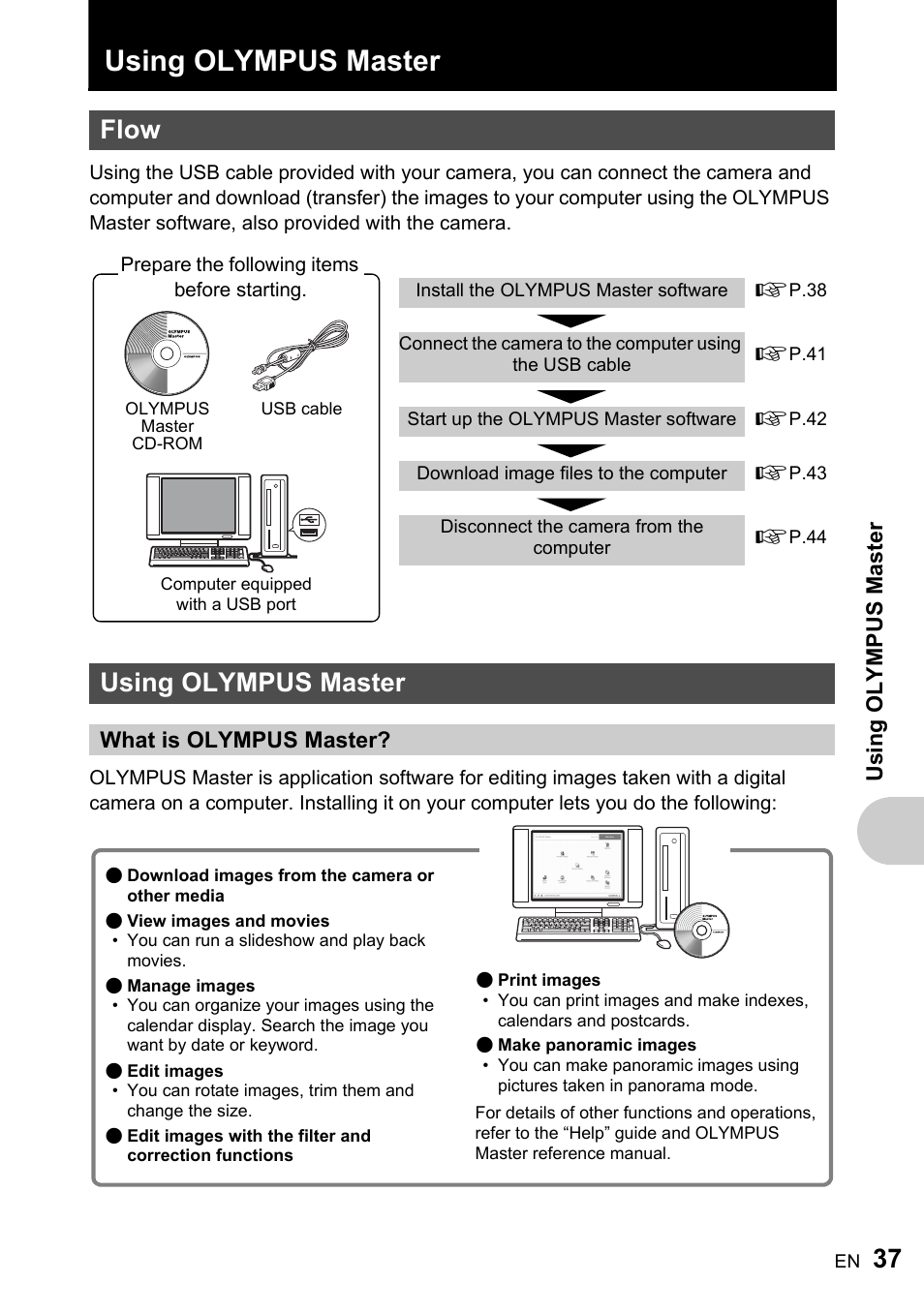 Using olympus master, Flow, What is olympus master | P.37, Us ing olympus master | Olympus FE-170 User Manual | Page 37 / 76