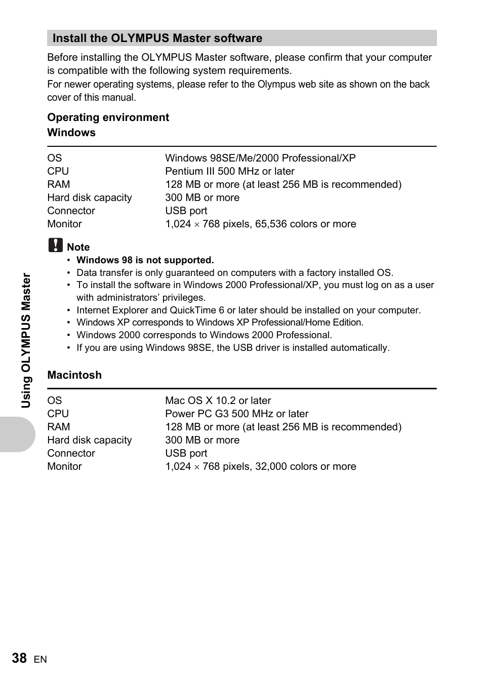 Install the olympus master software, Gp.38 | Olympus FE-170 User Manual | Page 38 / 76