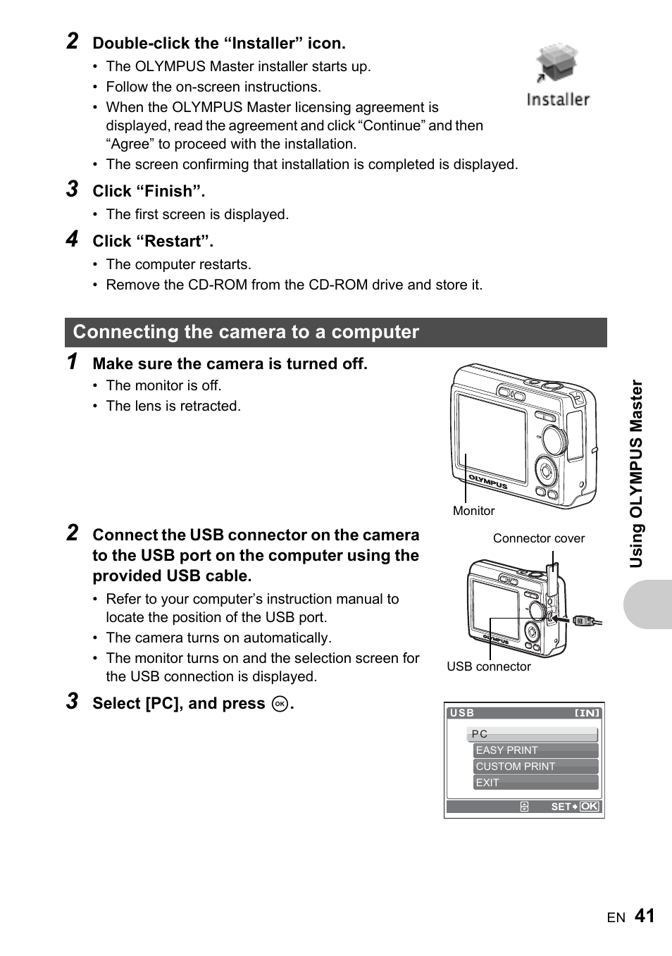 Connecting the camera to a computer, Gp.41 | Olympus FE-170 User Manual | Page 41 / 76