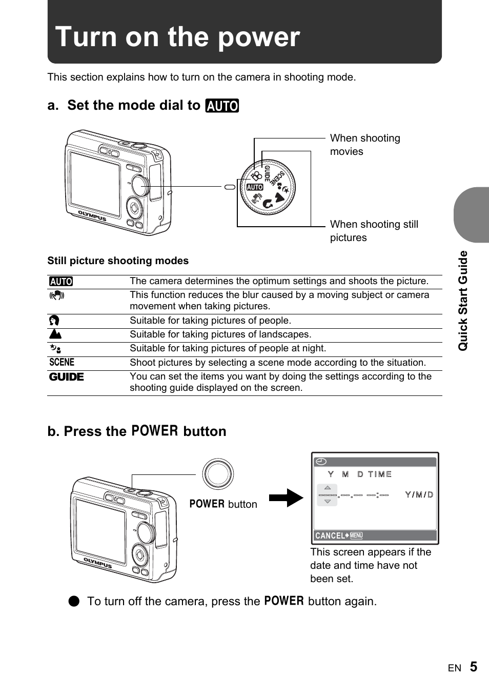 Turn on the power, A. set the mode dial to h, B. press the o button | Olympus FE-170 User Manual | Page 5 / 76