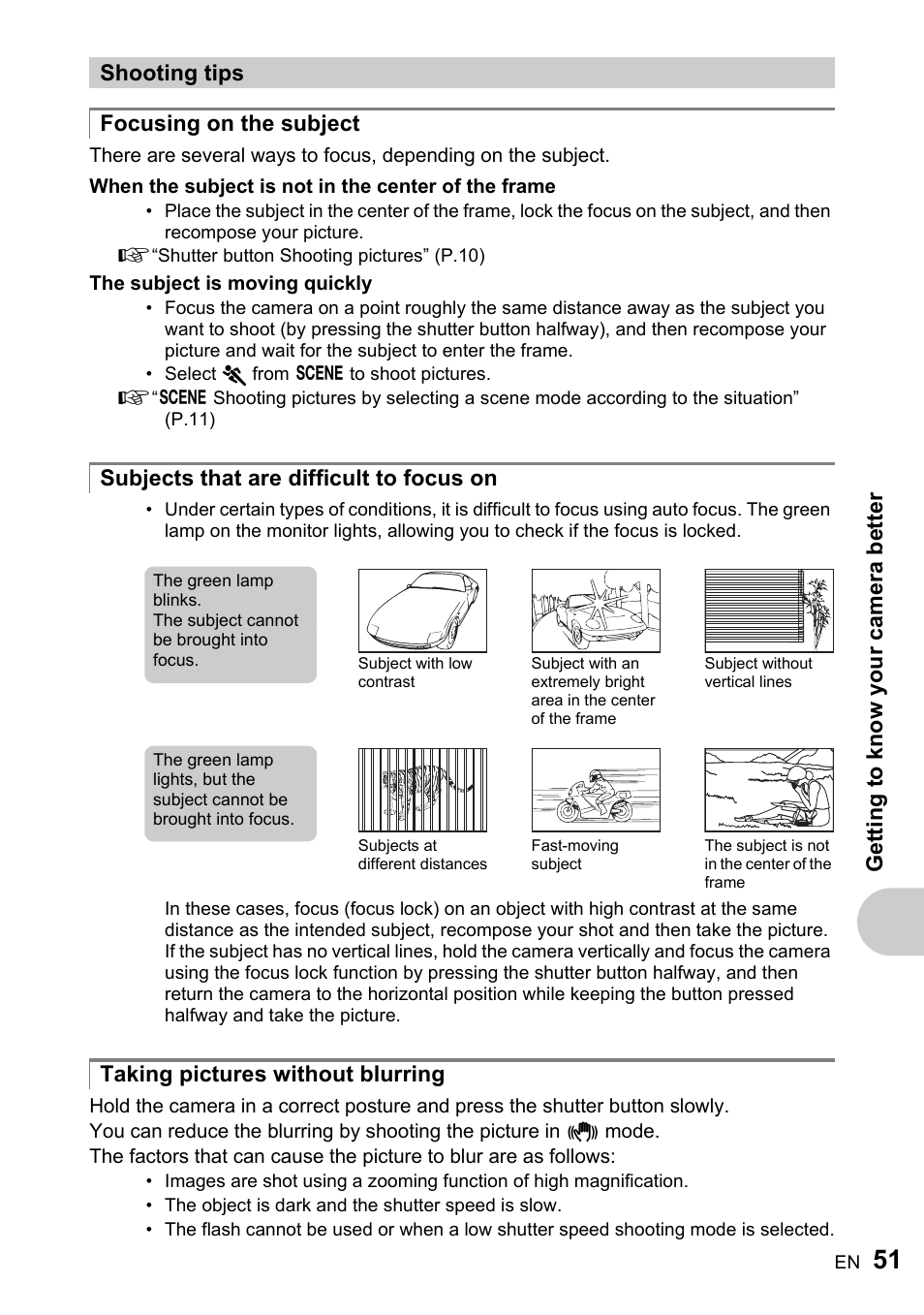 Shooting tips, Focusing on the subject, Subjects that are difficult to focus on | Taking pictures without blurring | Olympus FE-170 User Manual | Page 51 / 76