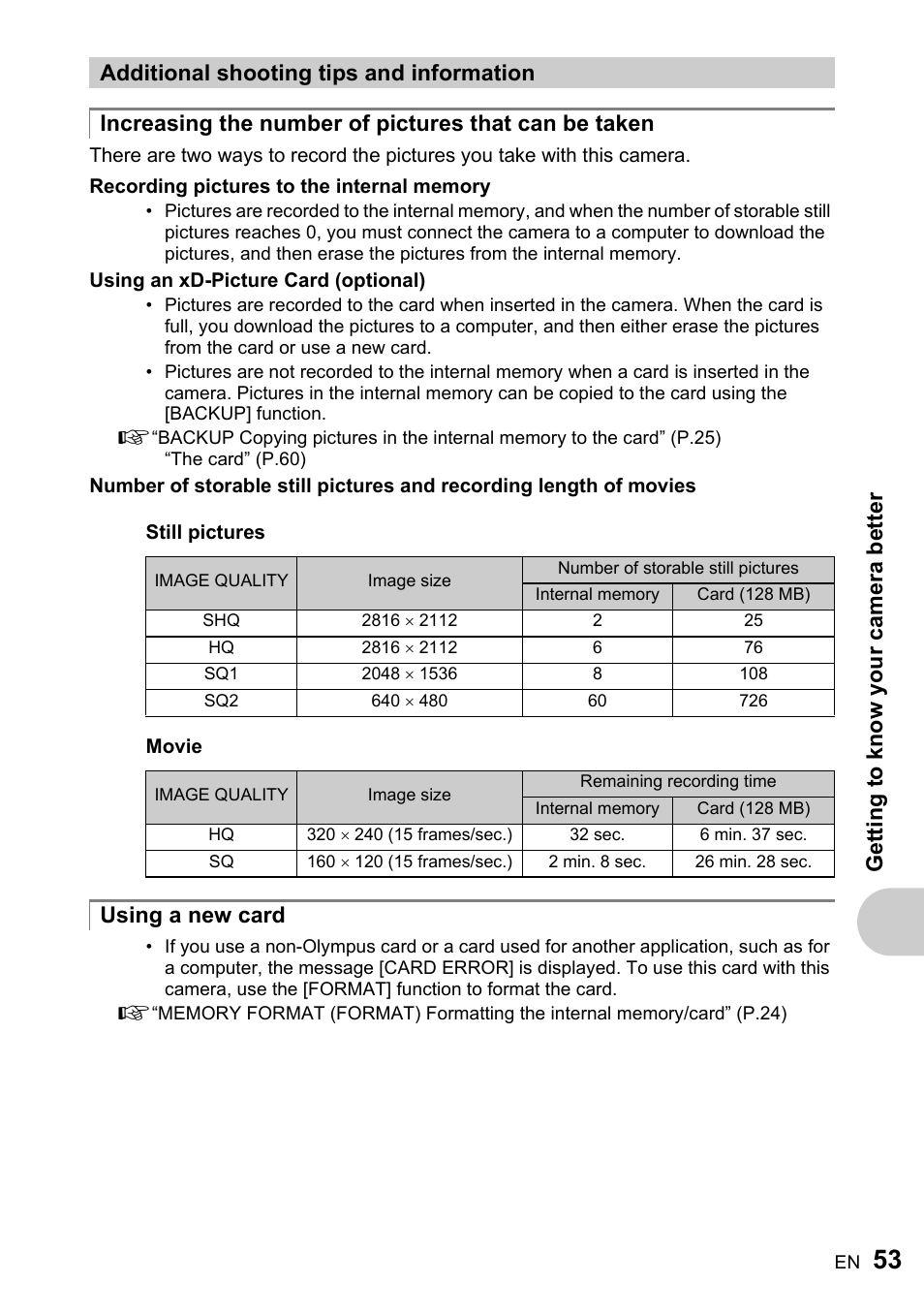 Additional shooting tips and information, Using a new card | Olympus FE-170 User Manual | Page 53 / 76