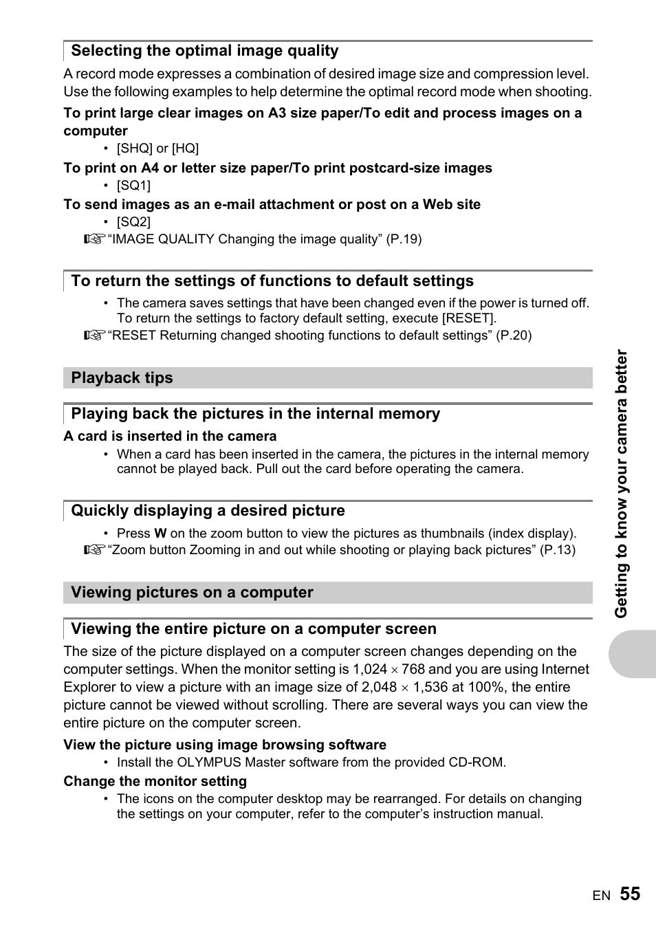 Selecting the optimal image quality, Playback tips, Playing back the pictures in the internal memory | Quickly displaying a desired picture, Viewing pictures on a computer, Viewing the entire picture on a computer screen | Olympus FE-170 User Manual | Page 55 / 76
