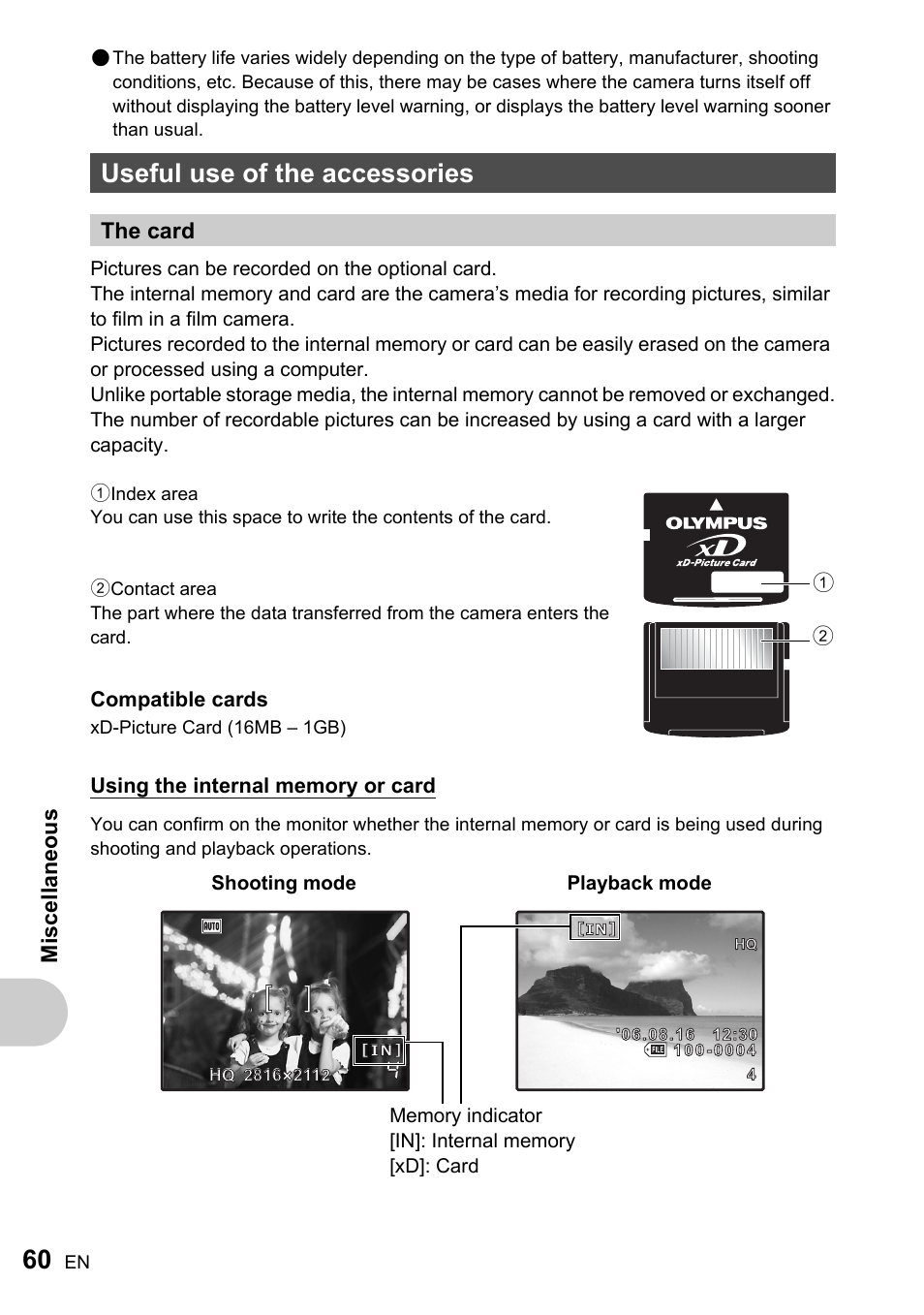 Useful use of the accessories, The card, Misc ell a neous | Olympus FE-170 User Manual | Page 60 / 76