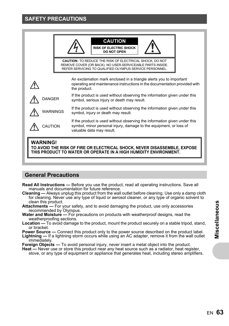 Safety precautions, General precautions, Misc ell a neous | Olympus FE-170 User Manual | Page 63 / 76