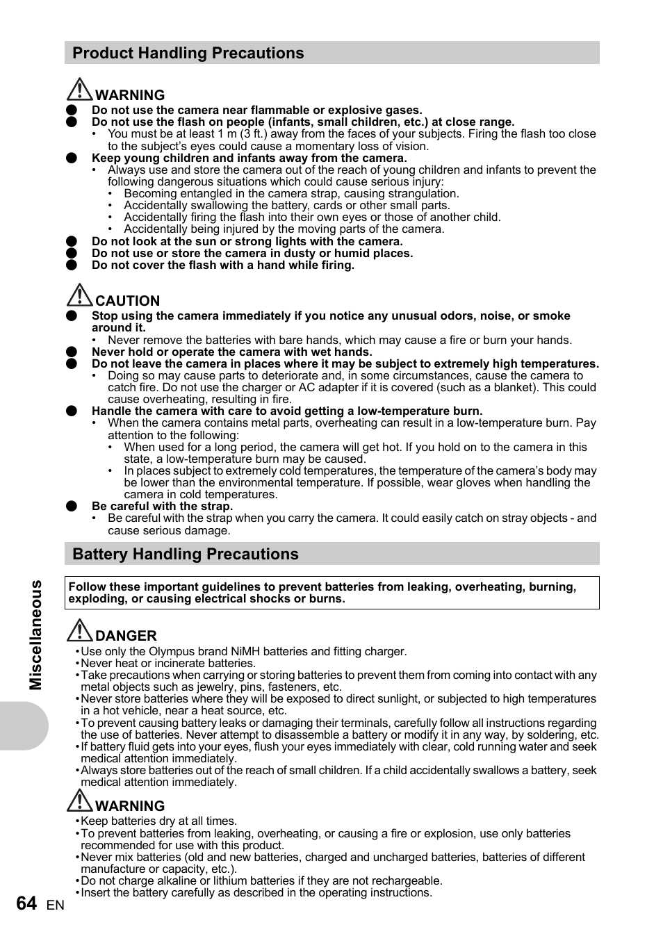 Product handling precautions, Battery handling precautions, Misc ell a neous | Olympus FE-170 User Manual | Page 64 / 76