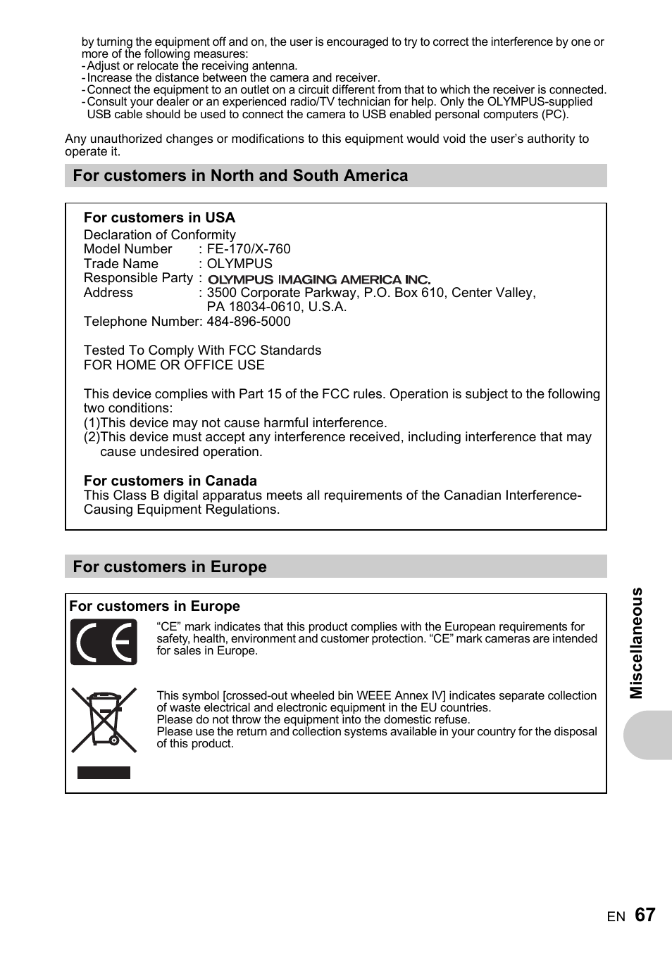 For customers in north and south america, For customers in europe, Misc ell a neous | Olympus FE-170 User Manual | Page 67 / 76