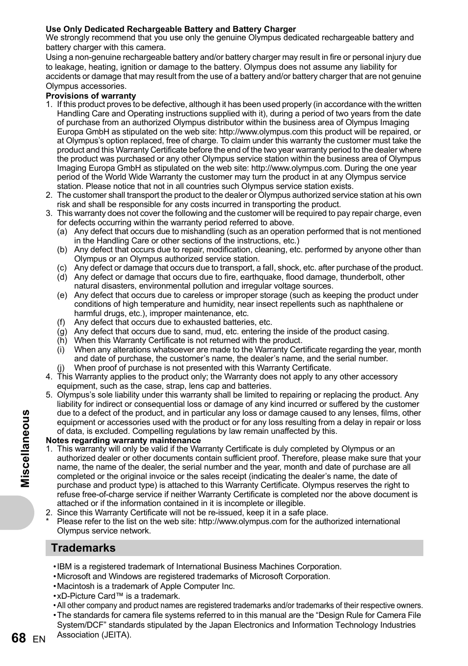 Trademarks, Misc ell a neous | Olympus FE-170 User Manual | Page 68 / 76