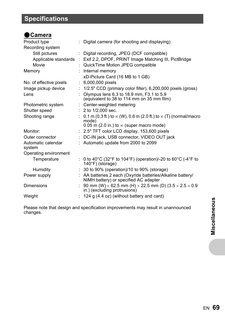 Specifications, 69 specifications, Camera | Olympus FE-170 User Manual | Page 69 / 76