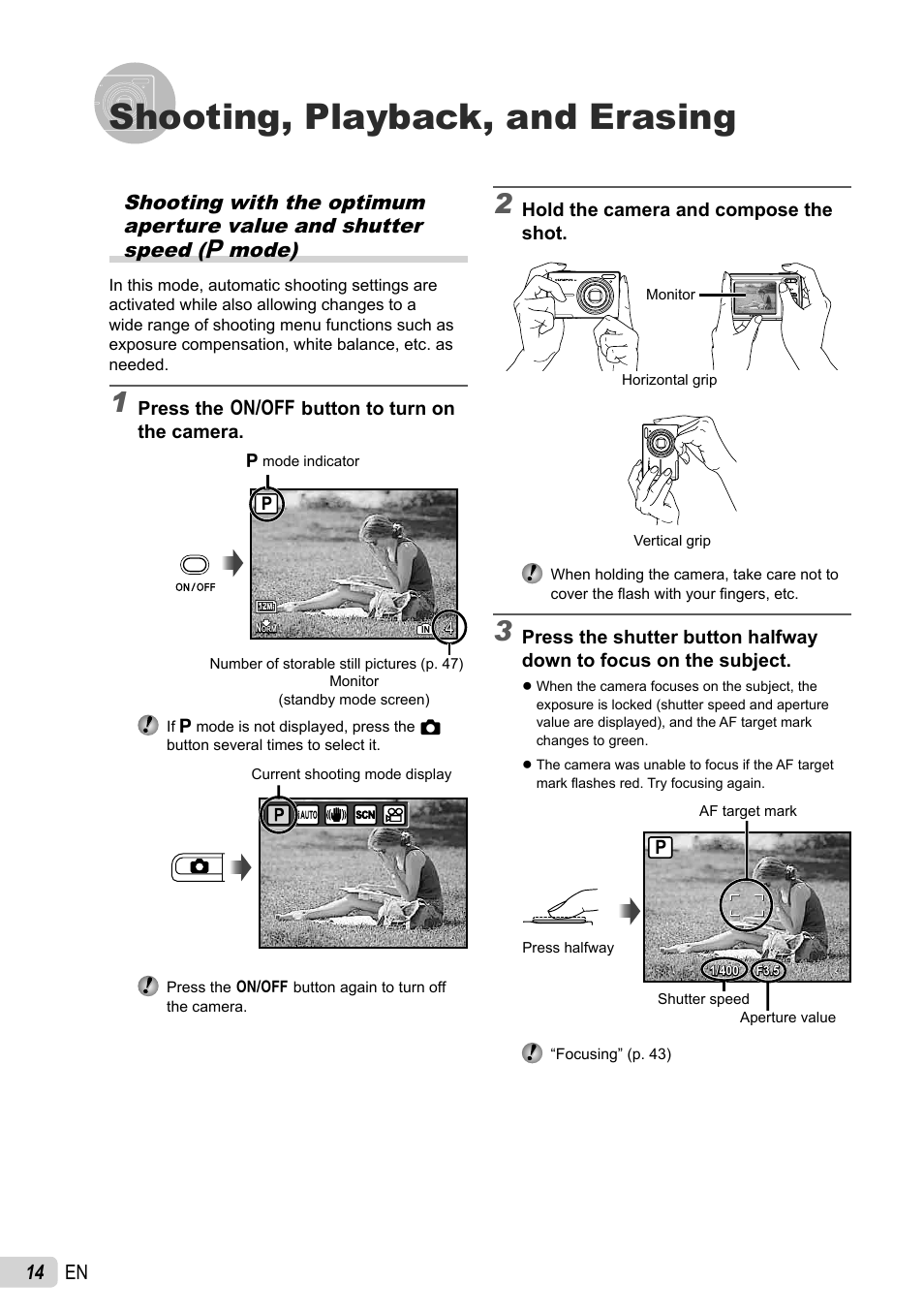 Shooting, playback, and erasing, 14 en | Olympus FE-46 User Manual | Page 14 / 61