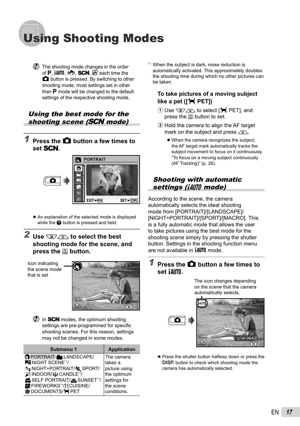 Using shooting modes, 17 en, Shooting with automatic settings ( g mode) | Press the k button a few times to set g, Press the k button a few times to set s | Olympus FE-46 User Manual | Page 17 / 61