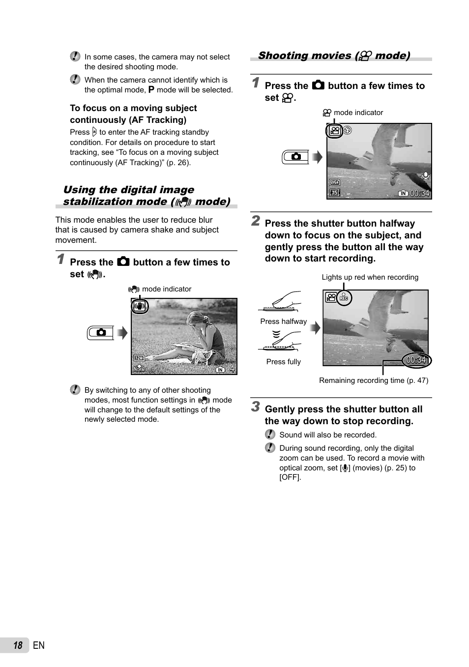 18 en, Shooting movies (n mode) | Olympus FE-46 User Manual | Page 18 / 61
