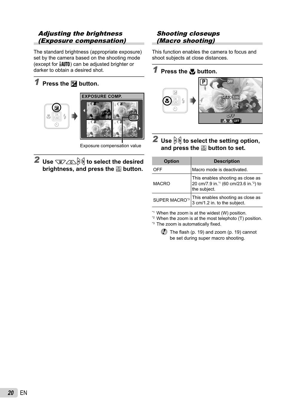 Shooting closeups ( macro shooting), Press the f button, Press the & button | Olympus FE-46 User Manual | Page 20 / 61