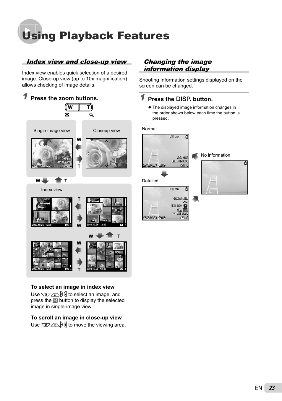 Using playback features, 23 en index view and close-up view, Changing the image information display | Press the zoom buttons, Press the g button, Use klmn to move the viewing area | Olympus FE-46 User Manual | Page 23 / 61