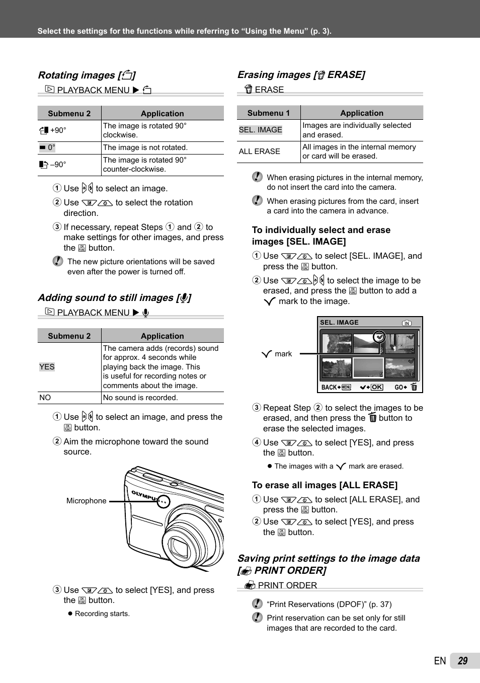 29 en, Rotating images [ y ] j, Adding sound to still images [ r ] j | Erasing images [ k erase] k | Olympus FE-46 User Manual | Page 29 / 61