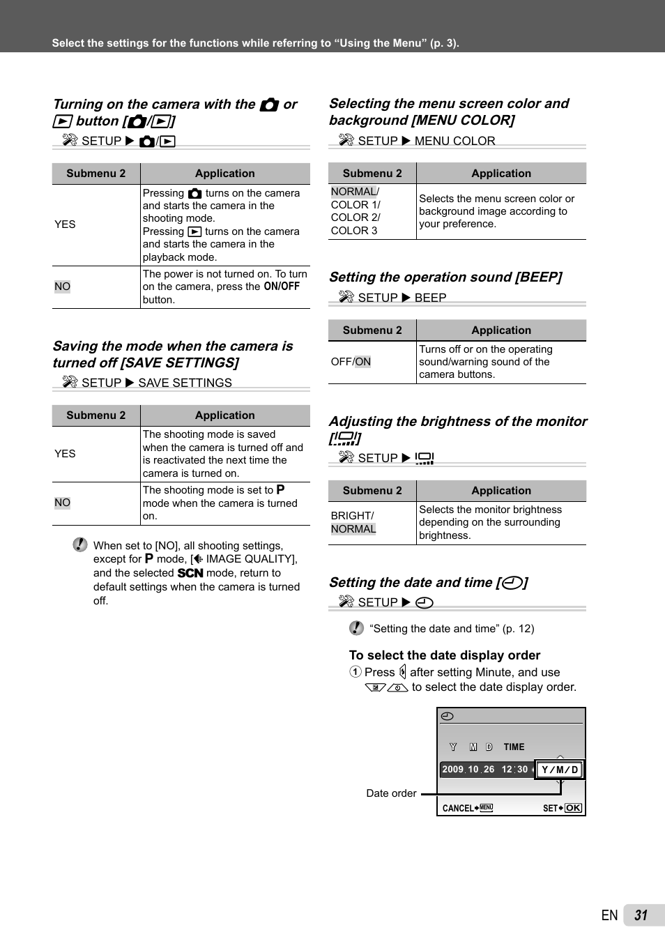 31 en, Setting the operation sound [ beep] e, Adjusting the brightness of the monitor [ s ] e | Setting the date and time [ x ] e | Olympus FE-46 User Manual | Page 31 / 61