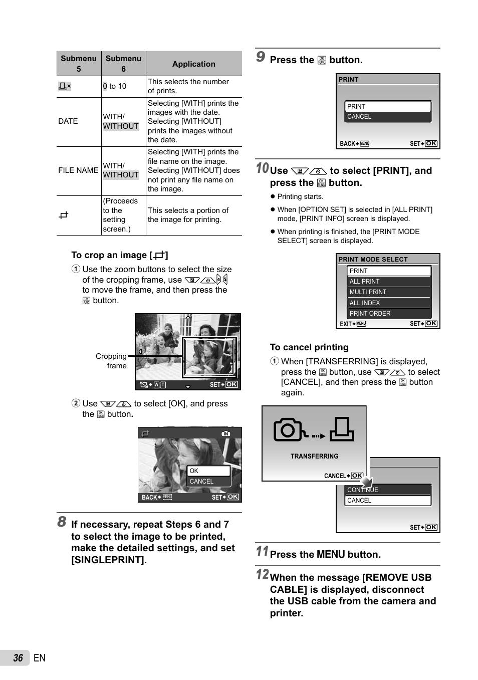36 en, Press the b button, Use kl to select [print], and press the b button | Press the m button | Olympus FE-46 User Manual | Page 36 / 61