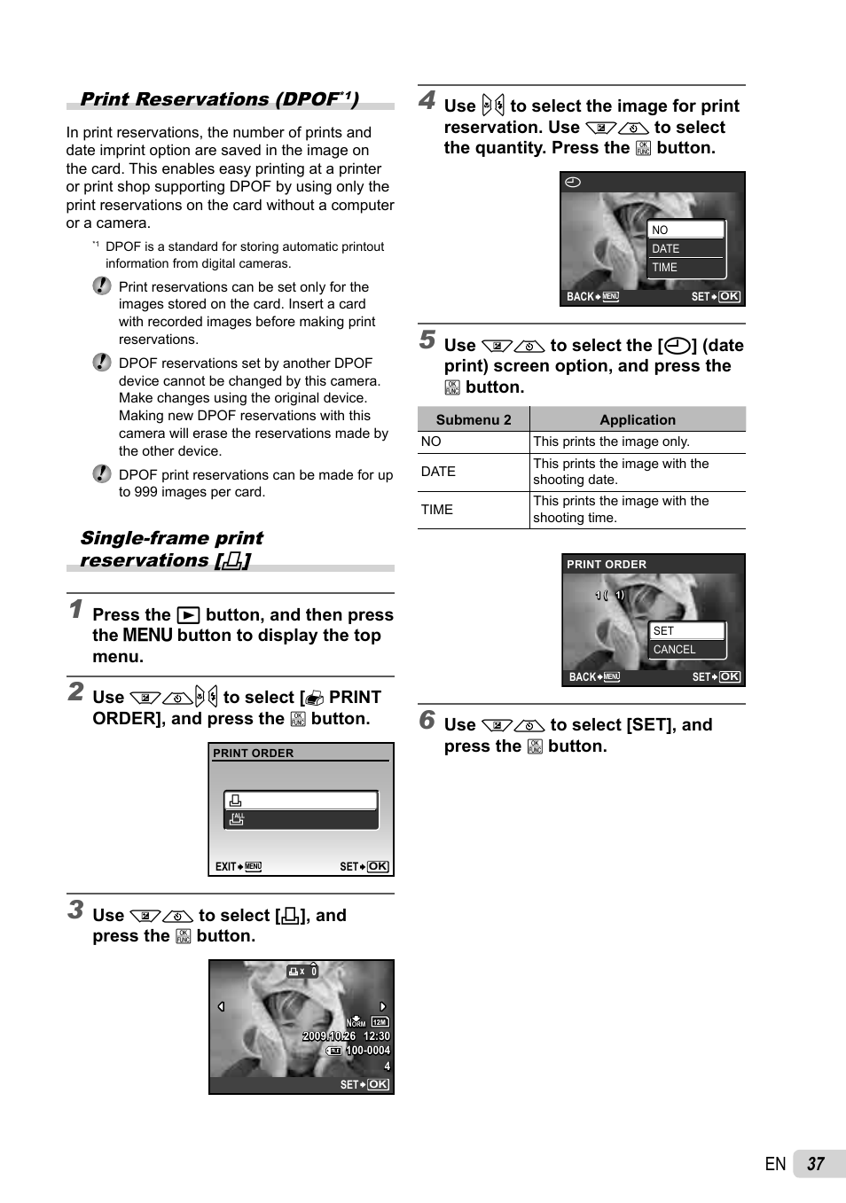 37 en print reservations (dpof, Single-frame print reservations | Olympus FE-46 User Manual | Page 37 / 61