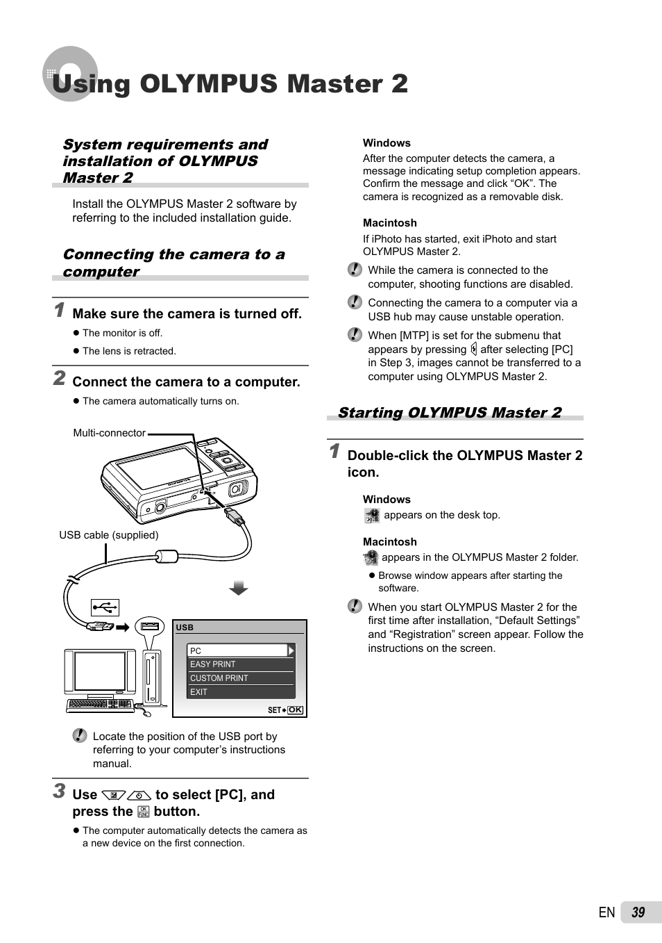 Using olympus master 2, 39 en, Connecting the camera to a computer | Starting olympus master 2 | Olympus FE-46 User Manual | Page 39 / 61