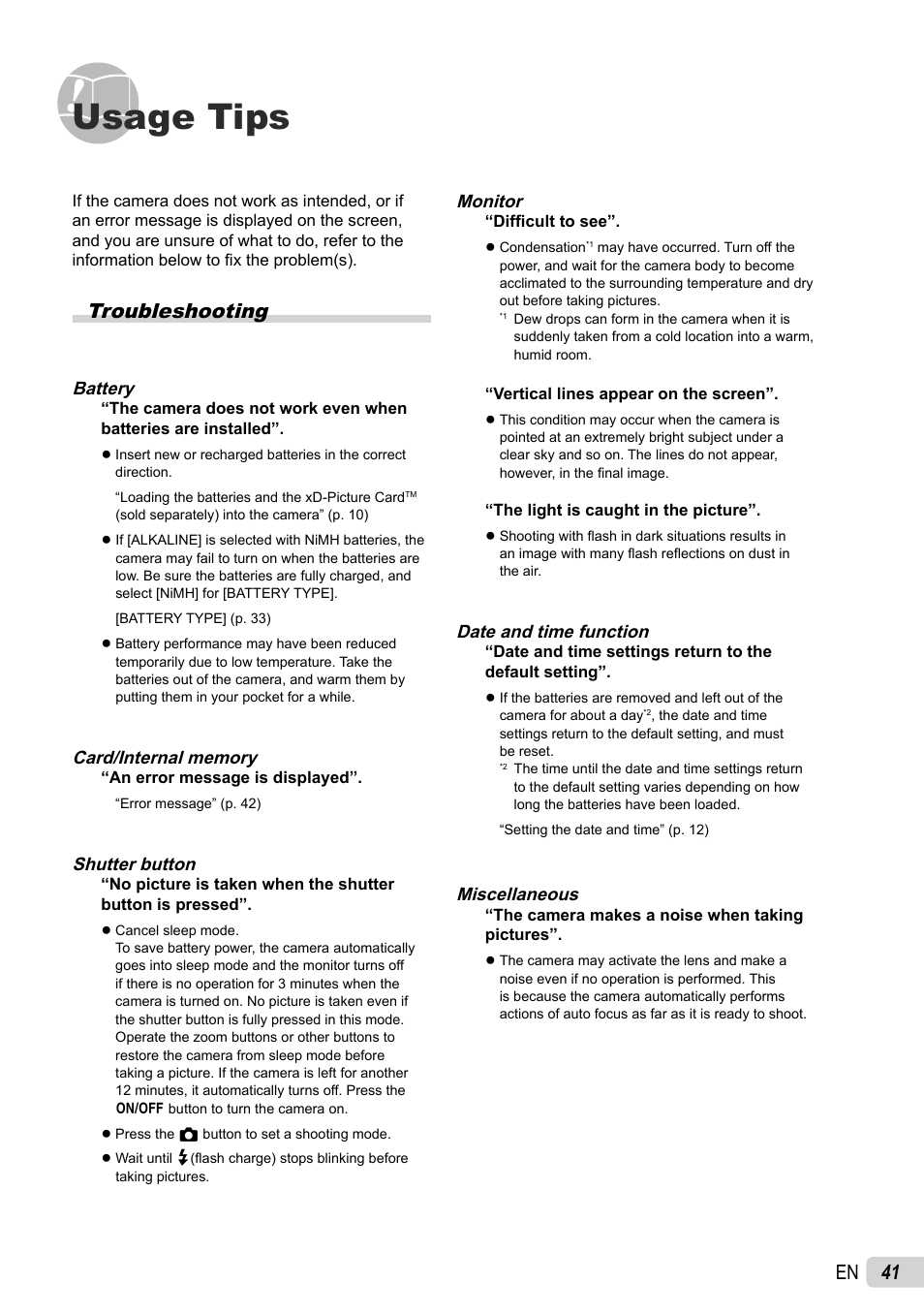 Usage tips, 41 en, Troubleshooting | Olympus FE-46 User Manual | Page 41 / 61