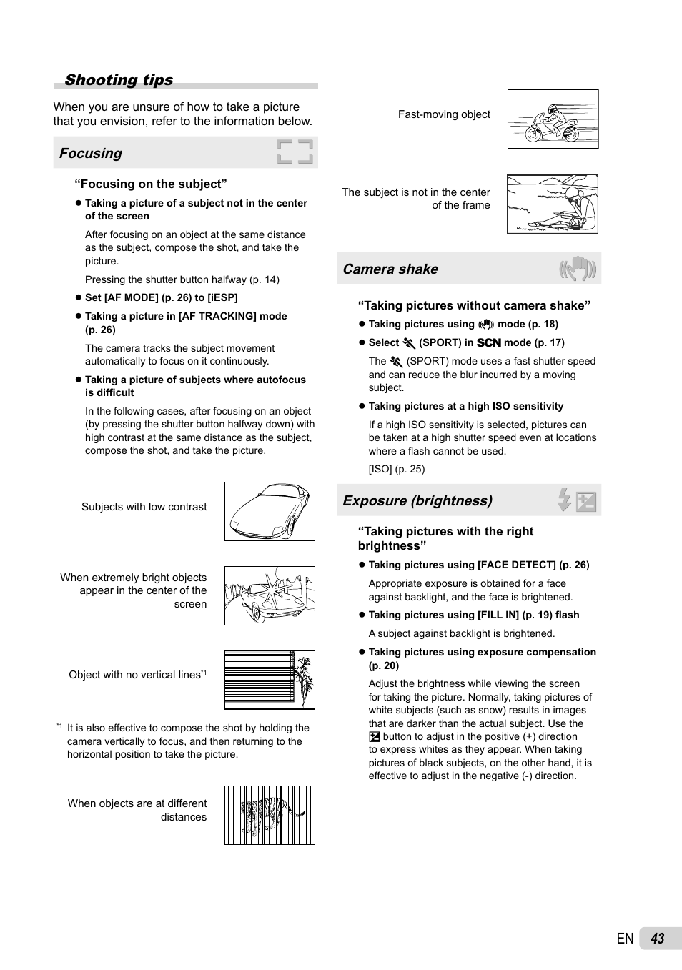 43 en shooting tips, Focusing, Camera shake | Exposure (brightness) | Olympus FE-46 User Manual | Page 43 / 61