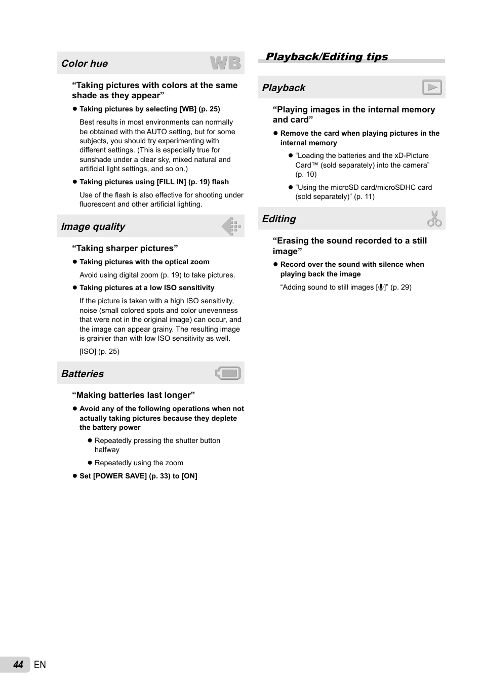 44 en, Playback/editing tips, Color hue | Image quality, Batteries, Playback, Editing | Olympus FE-46 User Manual | Page 44 / 61