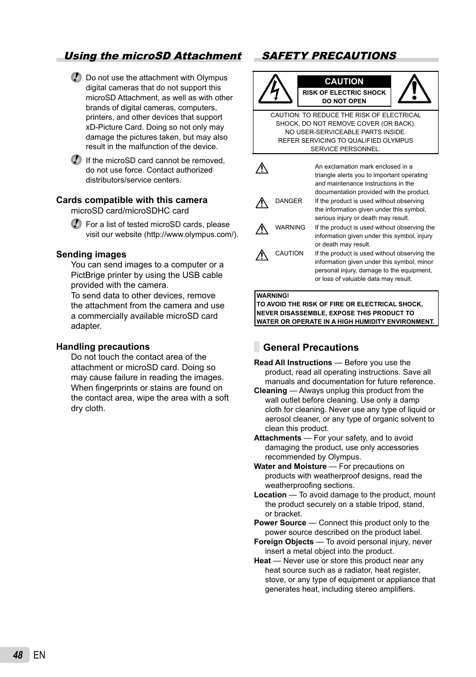 48 en using the microsd attachment, Safety precautions, General precautions | Olympus FE-46 User Manual | Page 48 / 61