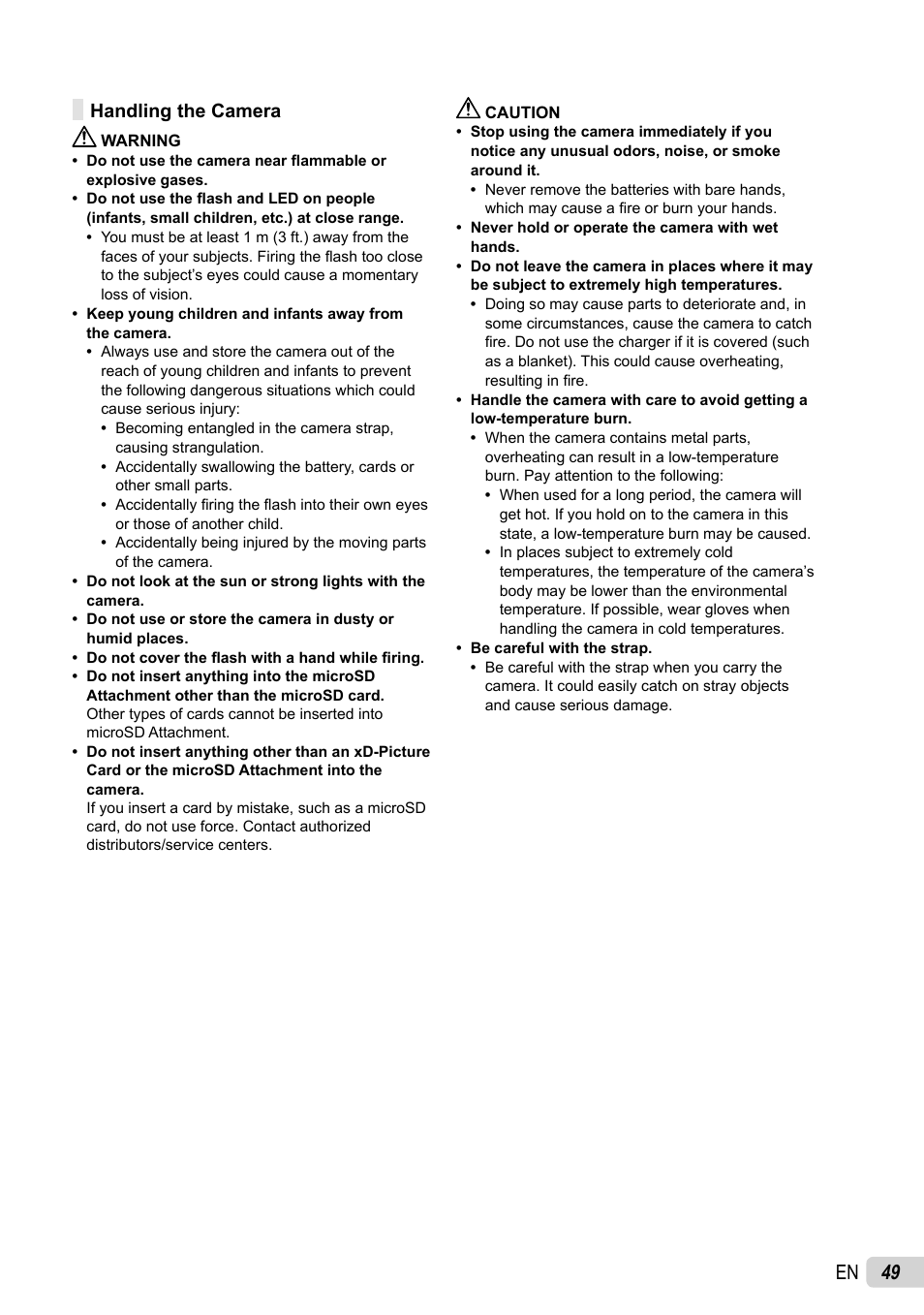 49 en, Handling the camera | Olympus FE-46 User Manual | Page 49 / 61