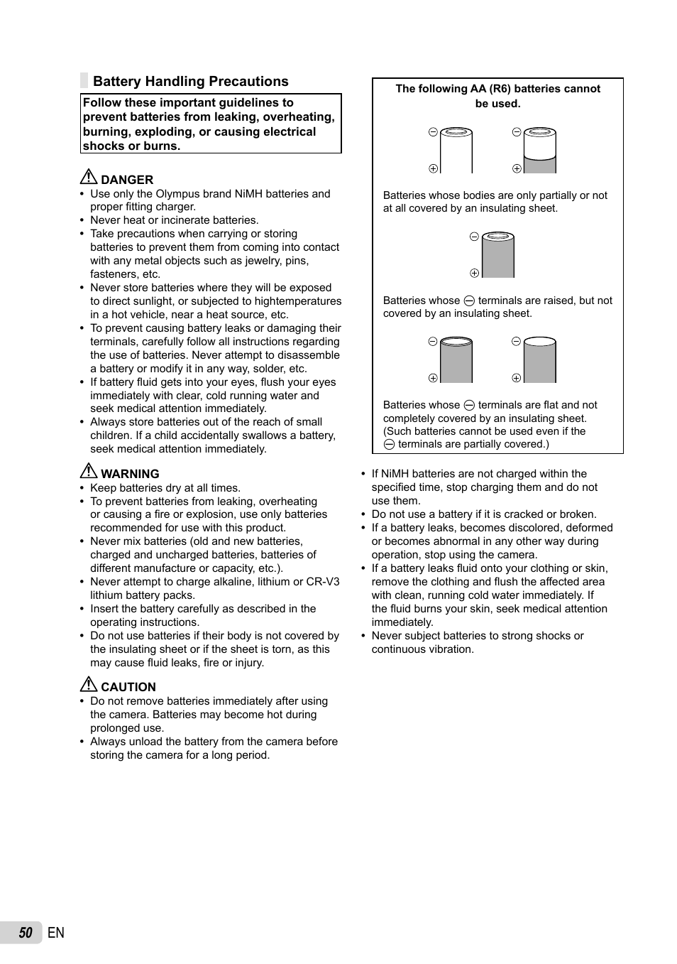 50 en, Battery handling precautions | Olympus FE-46 User Manual | Page 50 / 61
