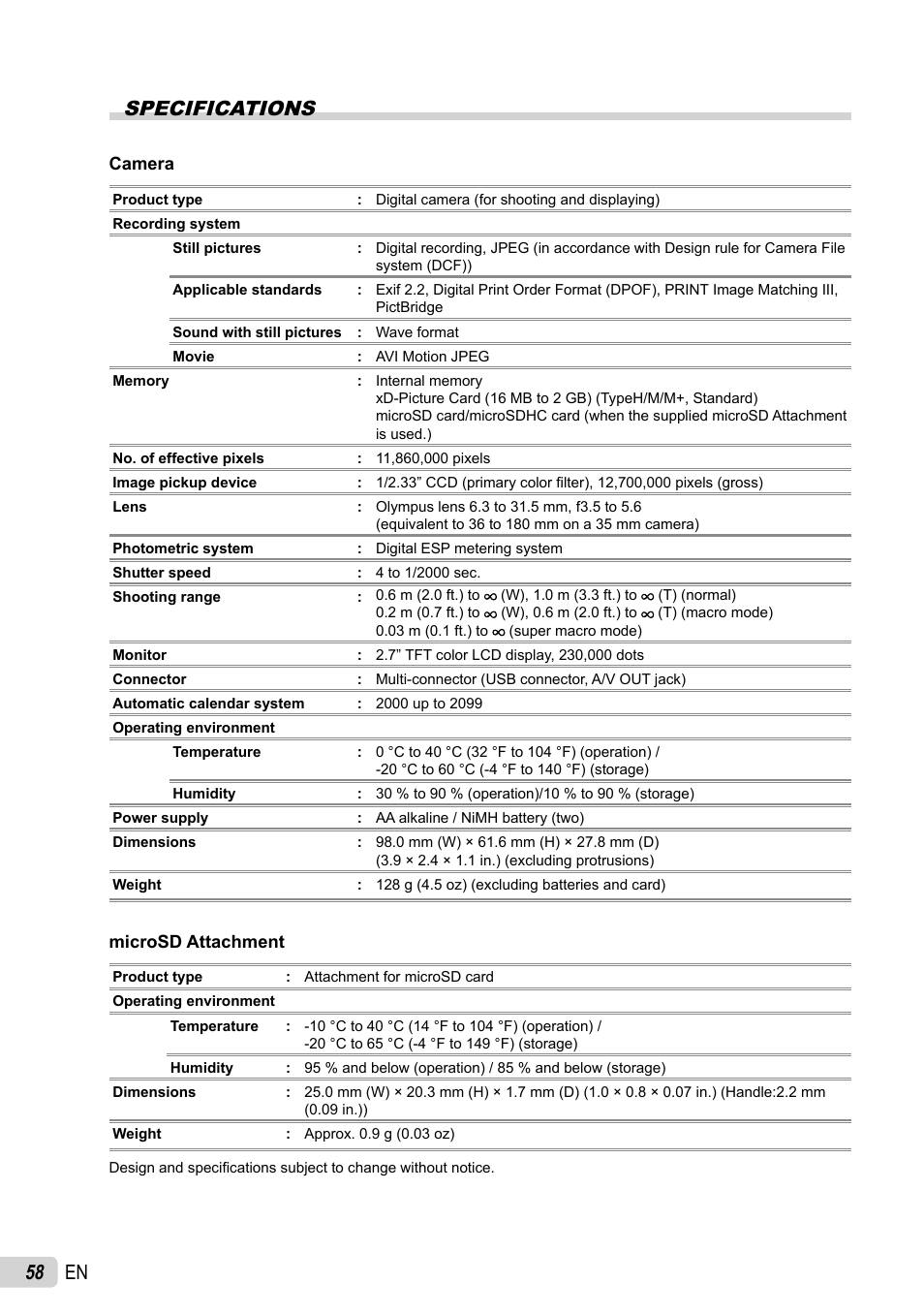 58 en specifications | Olympus FE-46 User Manual | Page 58 / 61