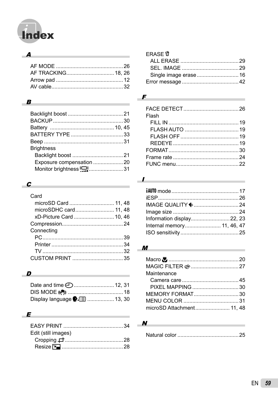 Index | Olympus FE-46 User Manual | Page 59 / 61