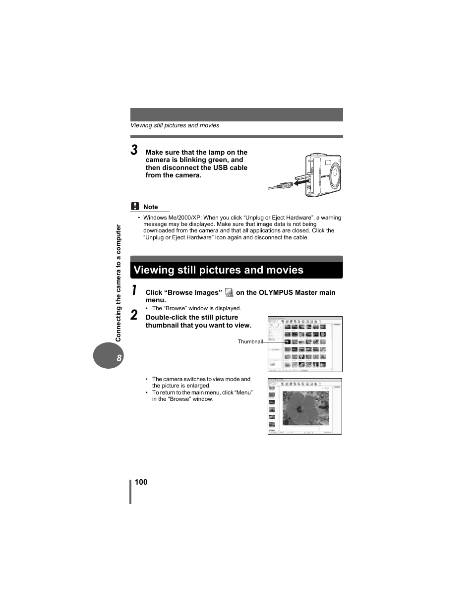 Viewing still pictures and movies | Olympus D-630 Zoom User Manual | Page 100 / 134