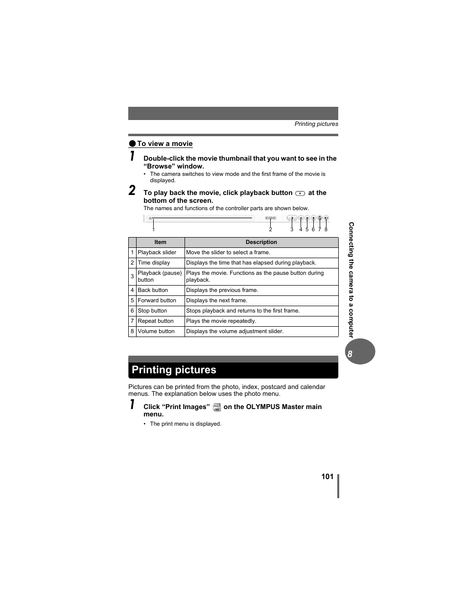 Printing pictures | Olympus D-630 Zoom User Manual | Page 101 / 134