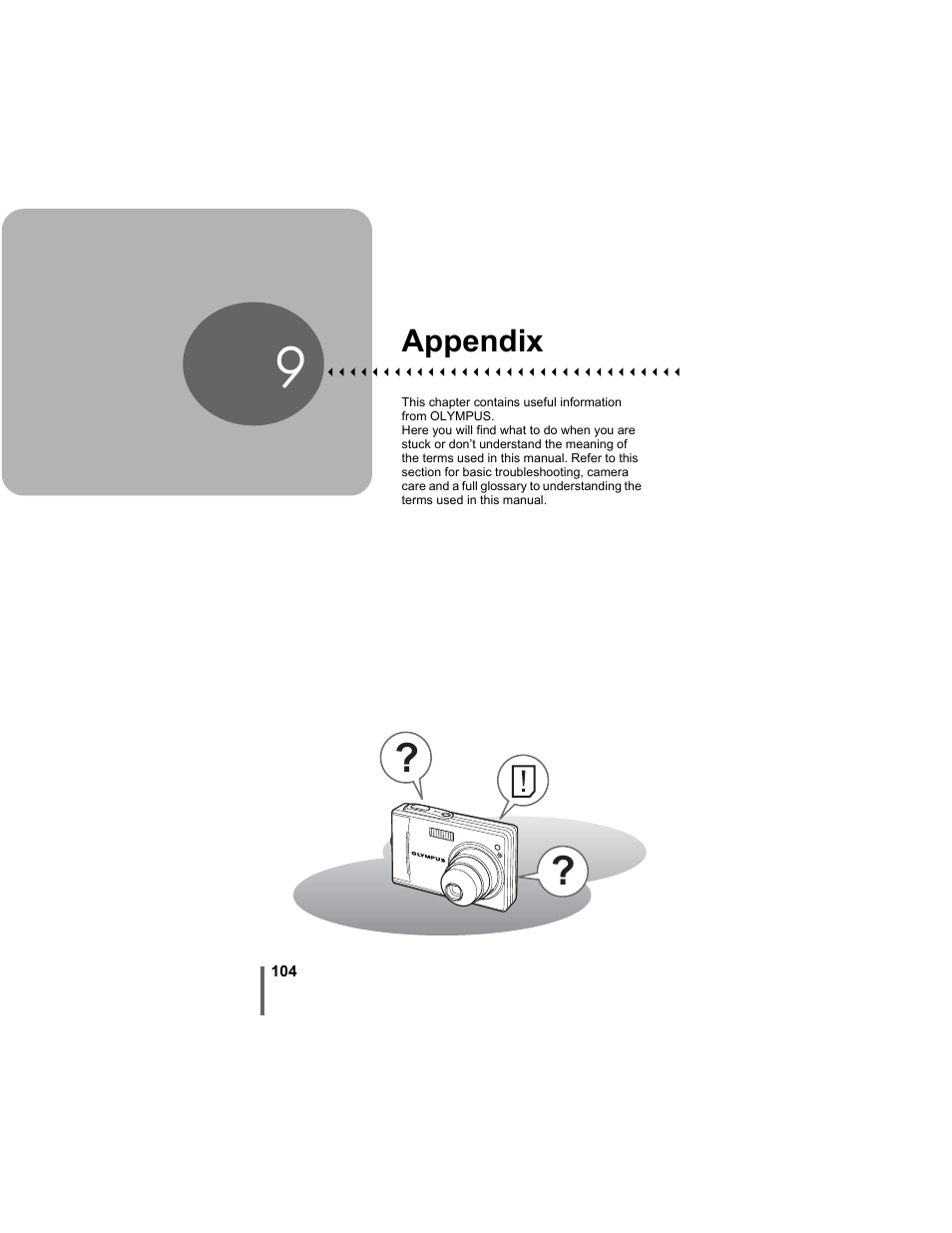 9 appendix, Appendix, P. 104 | Olympus D-630 Zoom User Manual | Page 104 / 134