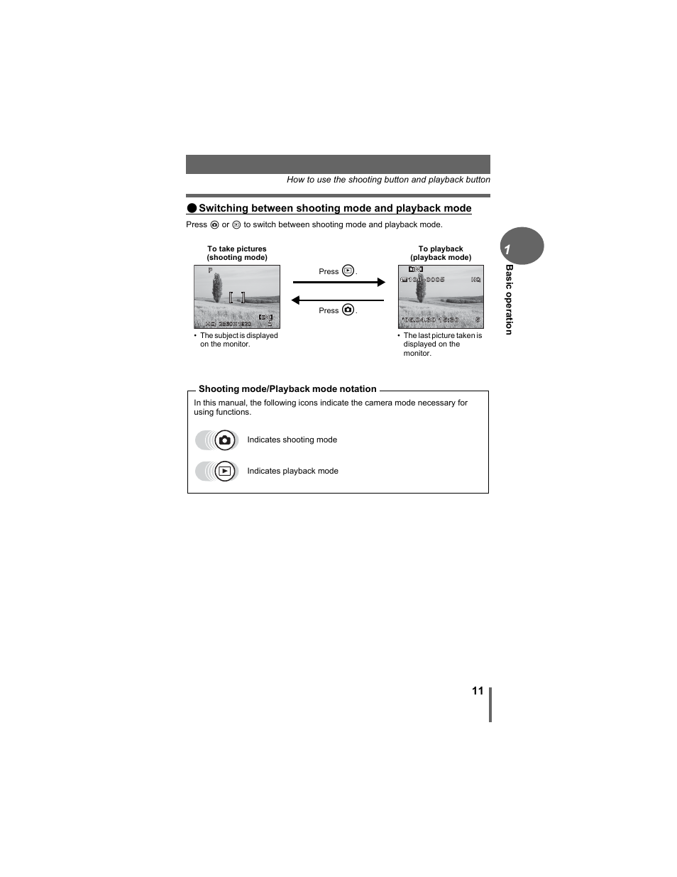 Switching between shooting mode and playback mode | Olympus D-630 Zoom User Manual | Page 11 / 134