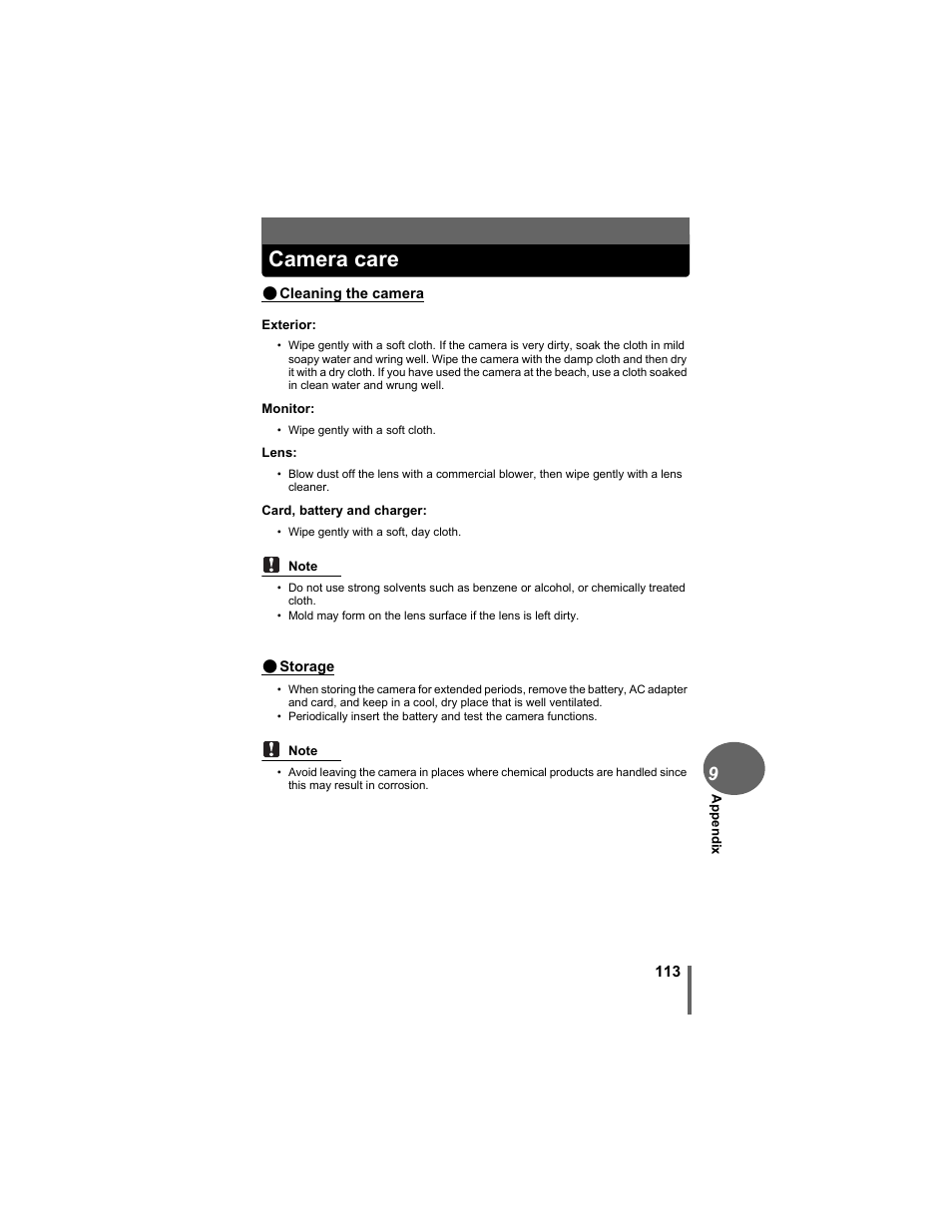 Camera care, P. 113 | Olympus D-630 Zoom User Manual | Page 113 / 134