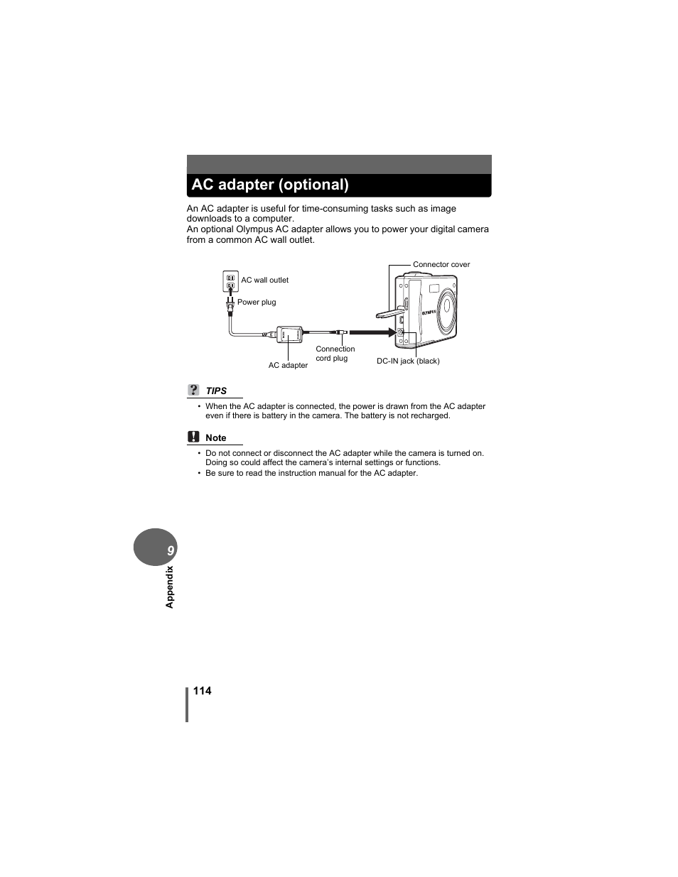 Ac adapter (optional) | Olympus D-630 Zoom User Manual | Page 114 / 134