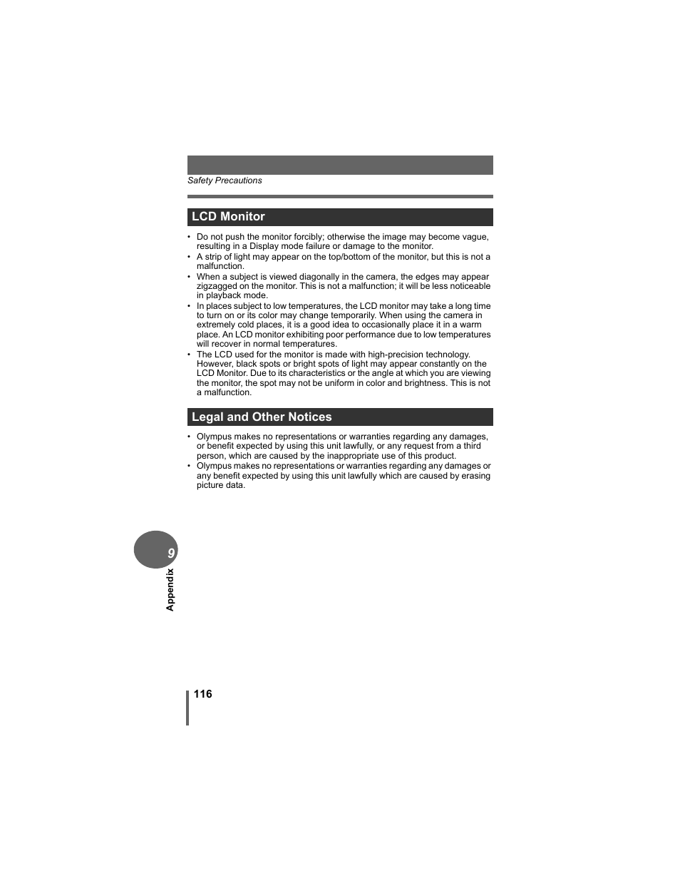 Lcd monitor legal and other notices | Olympus D-630 Zoom User Manual | Page 116 / 134