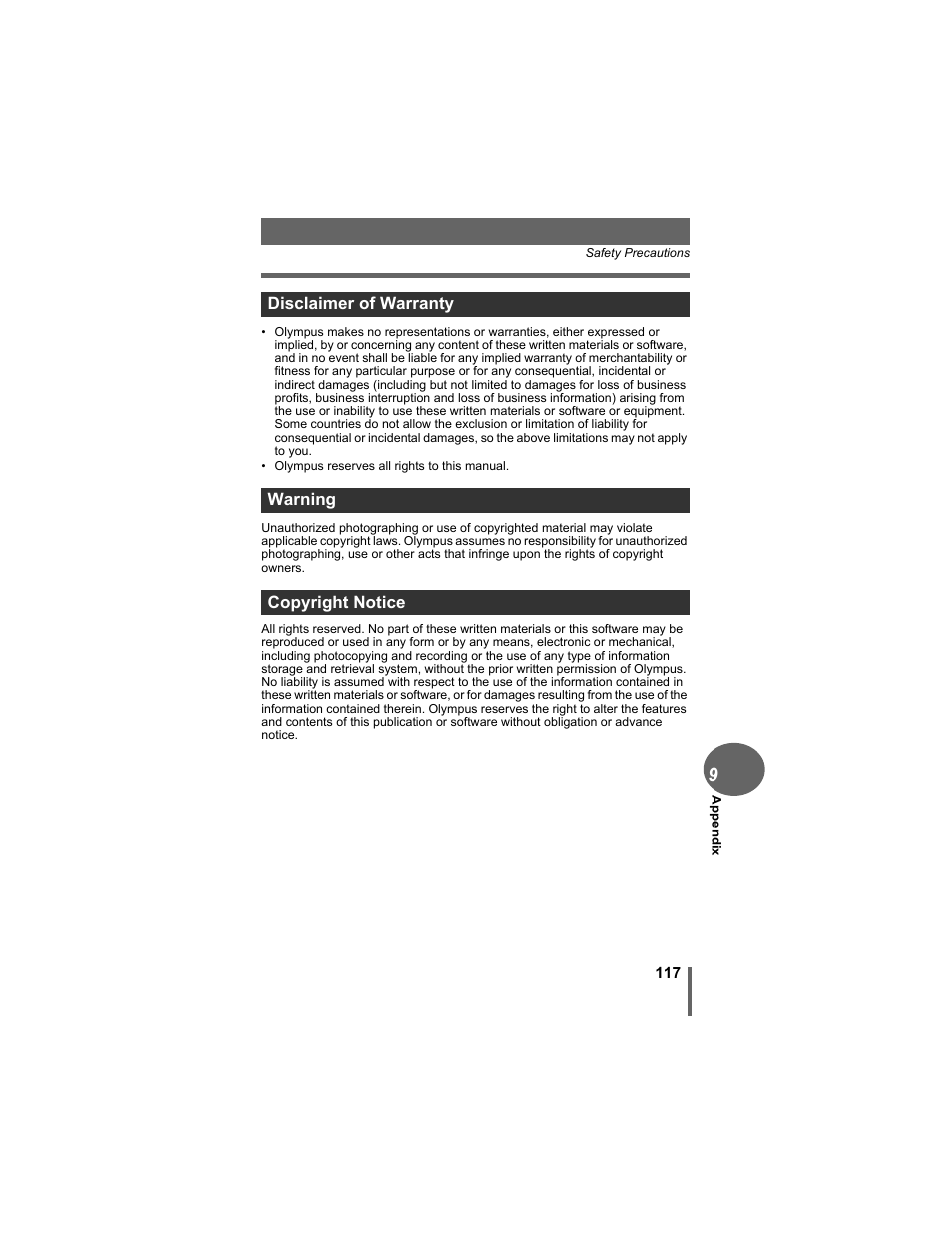 Disclaimer of warranty warning copyright notice | Olympus D-630 Zoom User Manual | Page 117 / 134