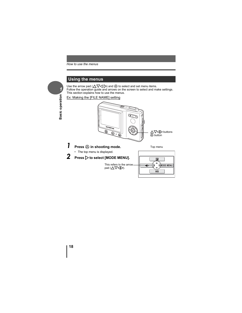 Using the menus | Olympus D-630 Zoom User Manual | Page 18 / 134